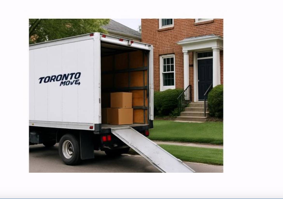 Toronto Move truck with ramp loading boxes at a home